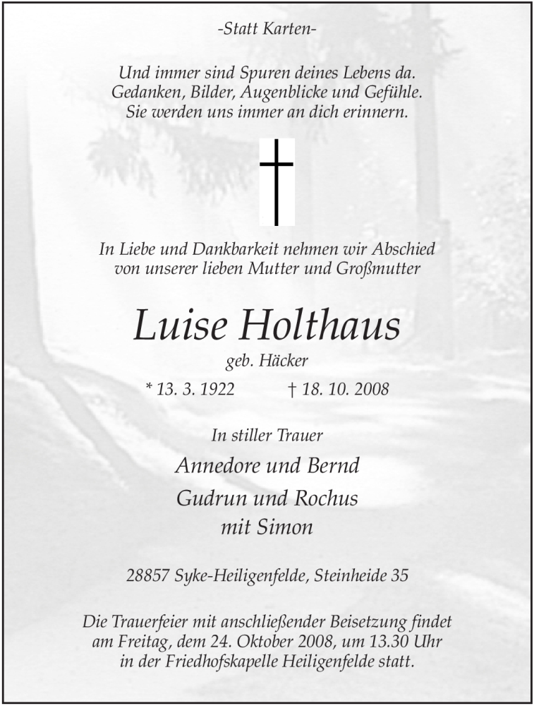  Traueranzeige für Luise Holthaus vom 21.10.2008 aus KREISZEITUNG SYKE