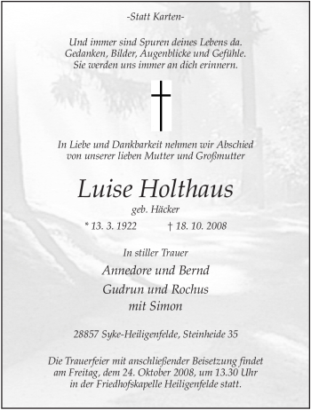 Traueranzeige von Luise Holthaus von KREISZEITUNG SYKE