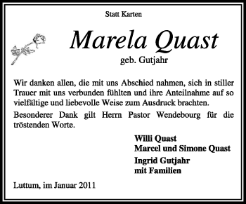 Traueranzeige von Marela Quast von KREISZEITUNG SYKE