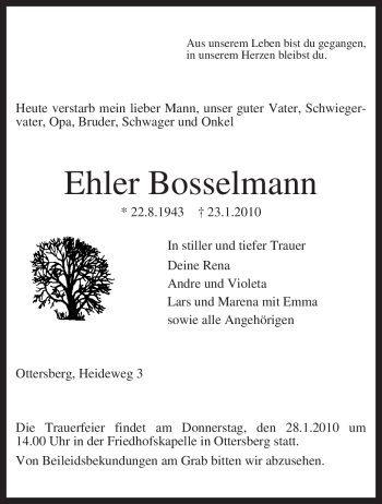 Traueranzeige von Ehler Bosselmann von KREISZEITUNG SYKE