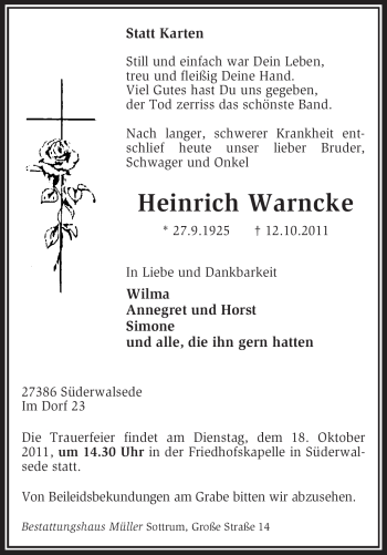 Traueranzeige von Heinrich Warncke von KREISZEITUNG SYKE