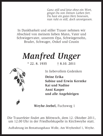 Traueranzeige von Manfred Unger von KREISZEITUNG SYKE