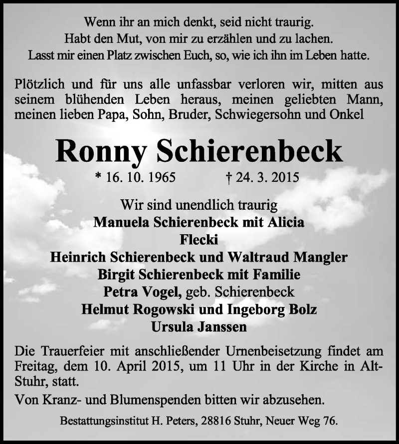  Traueranzeige für Ronny Schierenbeck vom 28.03.2015 aus KRZ