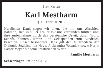 Traueranzeige von Karl Mestharm von KREISZEITUNG SYKE