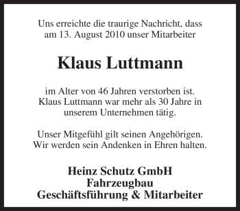 Traueranzeige von Klaus Luttmann von KREISZEITUNG SYKE