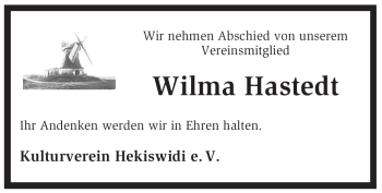 Traueranzeige von Wilma Hastedt von KREISZEITUNG SYKE