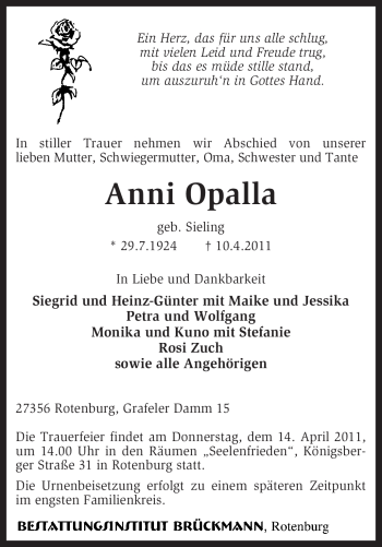 Traueranzeige von Anni Opalla von KREISZEITUNG SYKE