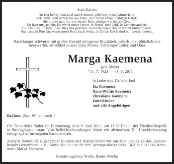 Traueranzeige von Marga Kaemena von KREISZEITUNG SYKE