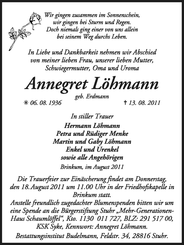  Traueranzeige für Annegret Löhmann vom 15.08.2011 aus KREISZEITUNG SYKE