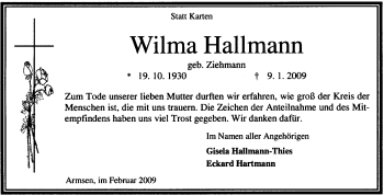 Traueranzeige von Wilma Hallmann von KREISZEITUNG SYKE