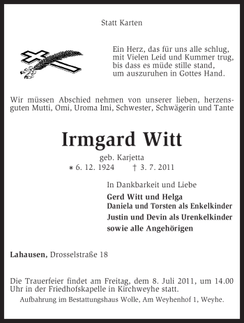 Traueranzeige von Irmgard Witt von KREISZEITUNG SYKE