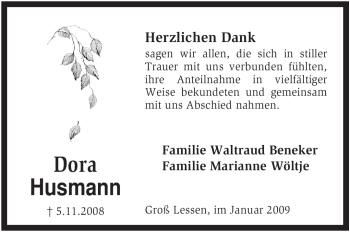 Traueranzeige von Dora Husmann von KREISZEITUNG SYKE