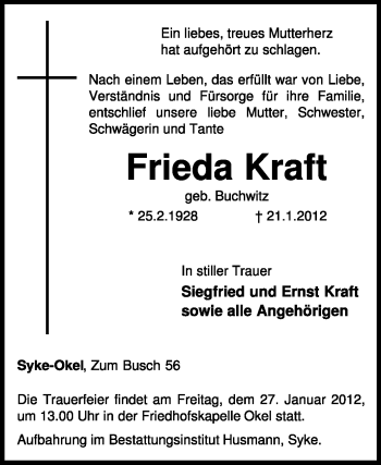 Traueranzeige von Frieda Kraft von KREISZEITUNG SYKE