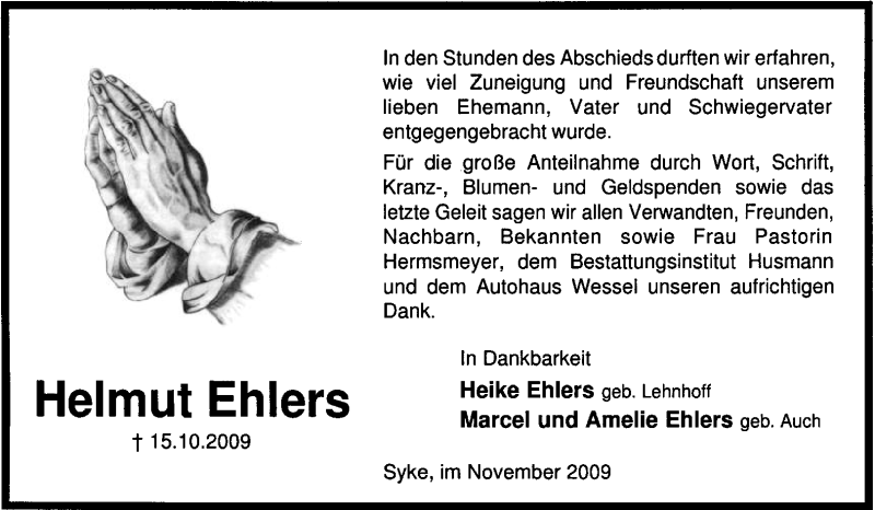  Traueranzeige für Helmut Ehlers vom 28.11.2009 aus KREISZEITUNG SYKE
