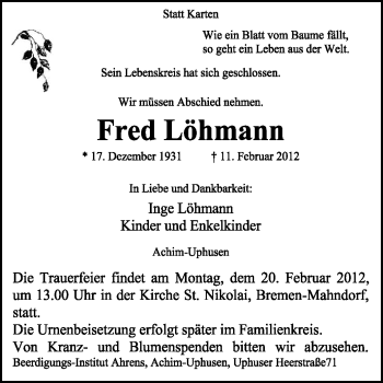 Traueranzeige von Fred Löhmann von KREISZEITUNG SYKE