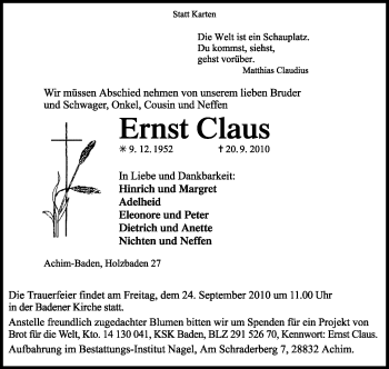 Traueranzeige von Ernst Claus von KREISZEITUNG SYKE