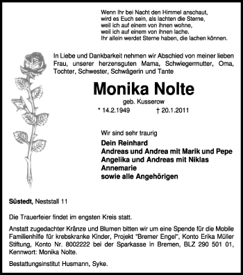 Traueranzeige von Monika Nolte von KREISZEITUNG SYKE