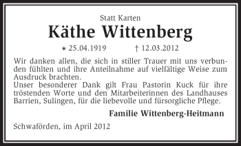 Traueranzeige von Käthe Wittenberg von KREISZEITUNG SYKE