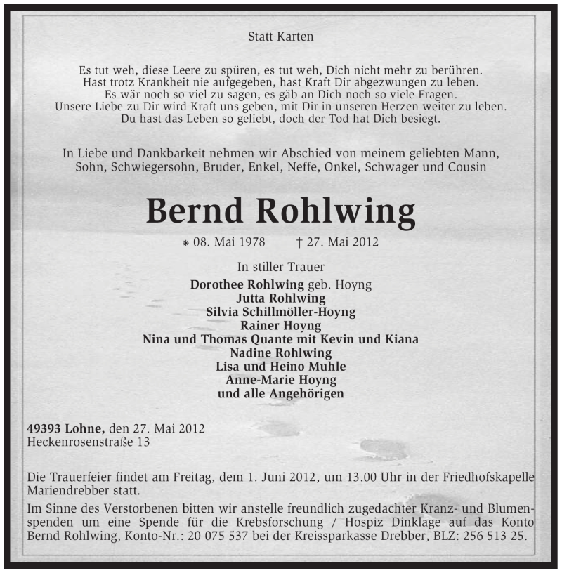  Traueranzeige für Bernd Rohlwing vom 30.05.2012 aus KREISZEITUNG SYKE
