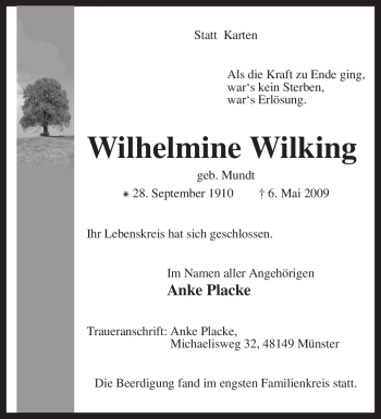 Traueranzeige von Wilhelmine Wilking von KREISZEITUNG SYKE