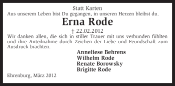 Traueranzeige von Erna Rode von KREISZEITUNG SYKE