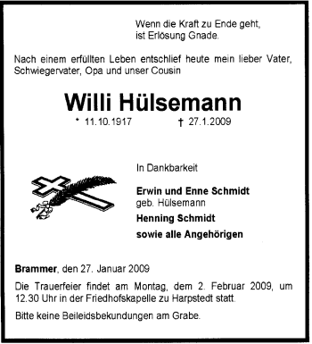 Traueranzeige von Willi Hülsemann von KREISZEITUNG SYKE