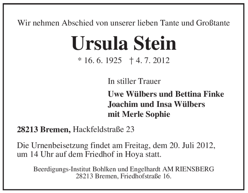  Traueranzeige für Ursula Stein vom 12.07.2012 aus KREISZEITUNG SYKE