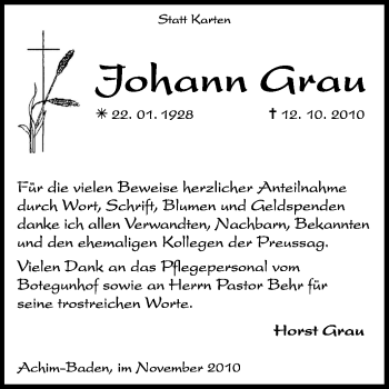 Traueranzeige von Johann Grau von KREISZEITUNG SYKE
