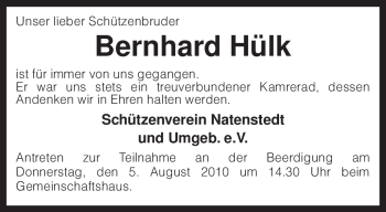 Traueranzeige von Bernhard Hülk von KREISZEITUNG SYKE