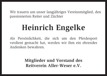 Traueranzeige von Heinrich Engelke von KREISZEITUNG SYKE