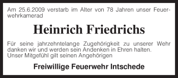 Traueranzeige von Heinrich Friedrichs von KREISZEITUNG SYKE