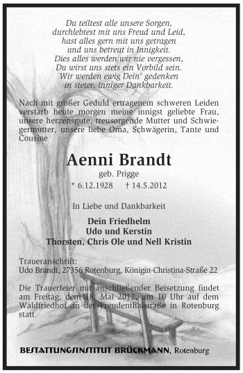 Traueranzeige von Aenni Brandt von KREISZEITUNG SYKE