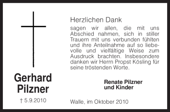 Traueranzeige von Gerhard Pilzner von KREISZEITUNG SYKE