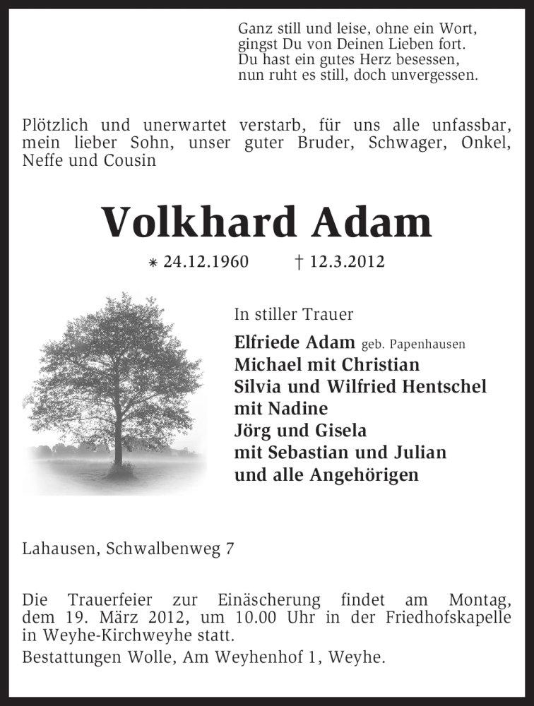 Traueranzeige für Volkhard Adam vom 15.03.2012 aus KREISZEITUNG SYKE