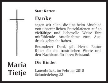 Traueranzeige von Maria Tietje von KREISZEITUNG SYKE