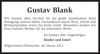 Traueranzeige von Gustav Blank von KREISZEITUNG SYKE