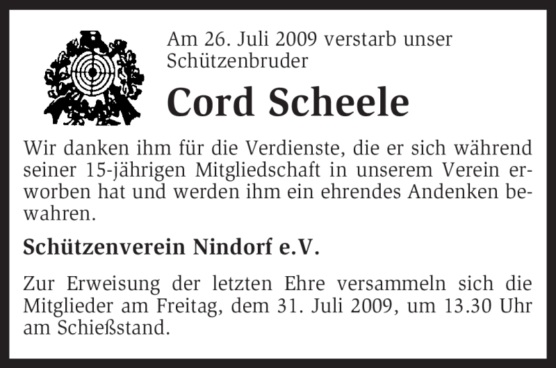  Traueranzeige für Cord Scheele vom 29.07.2009 aus KREISZEITUNG SYKE