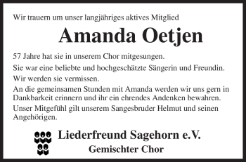 Traueranzeige von Amanda Oetjen von KREISZEITUNG SYKE