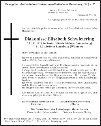 Traueranzeige von Elisabeth Schwietering von KREISZEITUNG SYKE