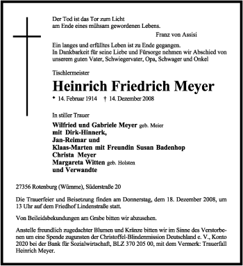 Traueranzeige von Heinrich Friedrich Meyer von KREISZEITUNG SYKE