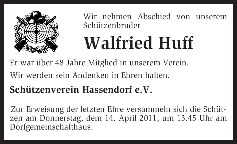  Traueranzeige für Walfried Huff vom 12.04.2011 aus KREISZEITUNG SYKE