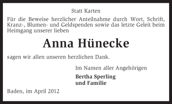 Traueranzeige von Anna Hünecke von KREISZEITUNG SYKE