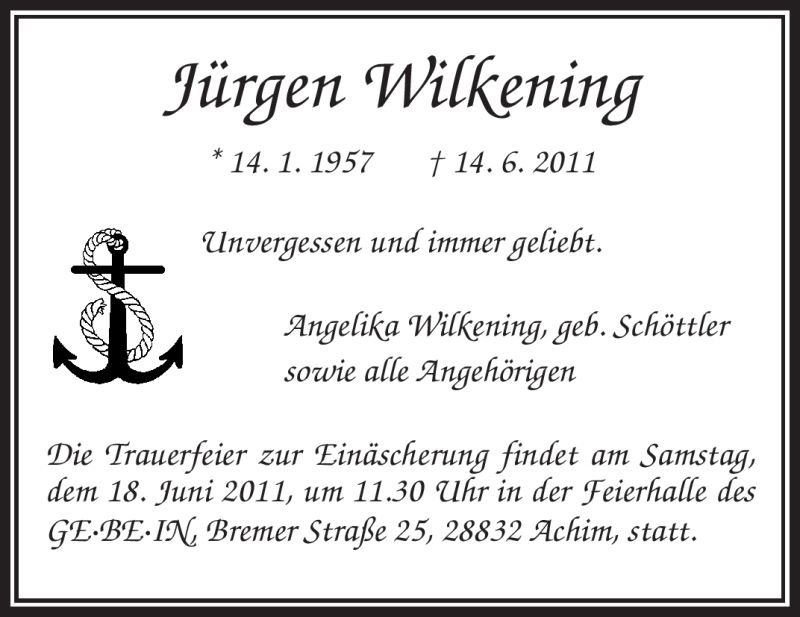  Traueranzeige für Jürgen Wilkening vom 16.06.2011 aus KREISZEITUNG SYKE