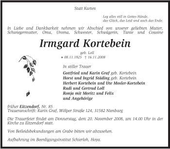 Traueranzeige von Irmgard Kortebein von KREISZEITUNG SYKE