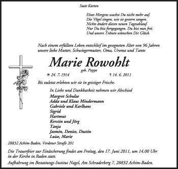 Traueranzeige von Marie Rowohlt von KREISZEITUNG SYKE