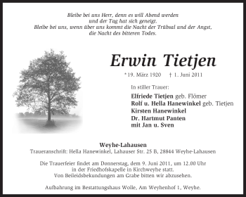 Traueranzeige von Erwin Tietjen von KREISZEITUNG SYKE