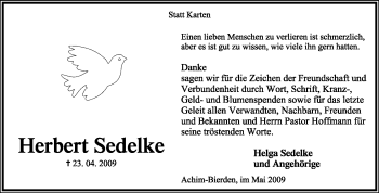 Traueranzeige von Herbert Sedelke von KREISZEITUNG SYKE