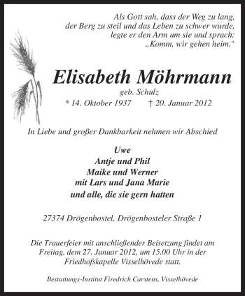 Traueranzeige von Elisabeth Möhrmann von KREISZEITUNG SYKE