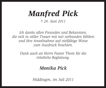 Traueranzeige von Manfred Pick von KREISZEITUNG SYKE