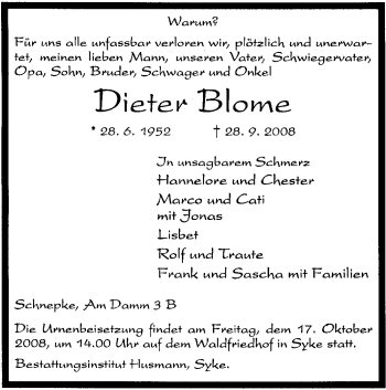 Traueranzeige von Dieter Blome von KREISZEITUNG SYKE